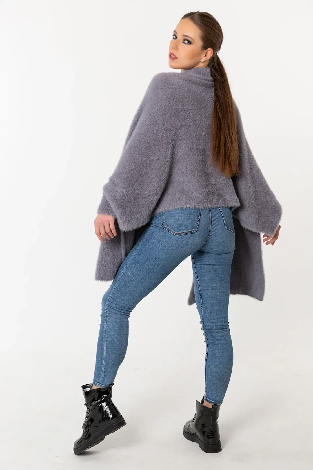 Fuzzy Poncho Shawl with Sleeves - Gray