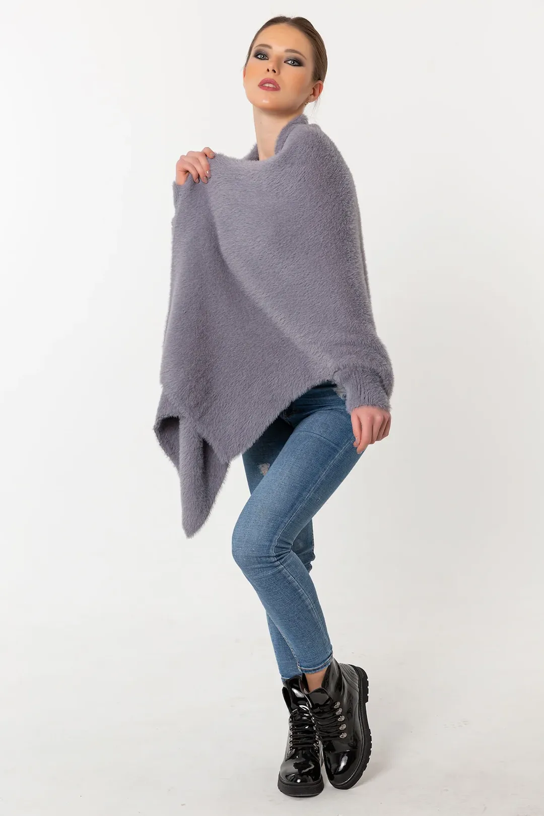 Fuzzy Poncho Shawl with Sleeves - Gray