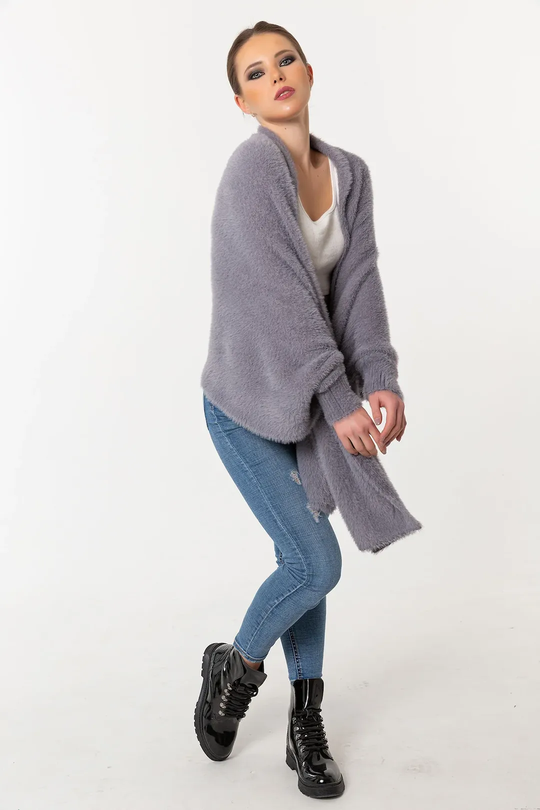 Fuzzy Poncho Shawl with Sleeves - Gray