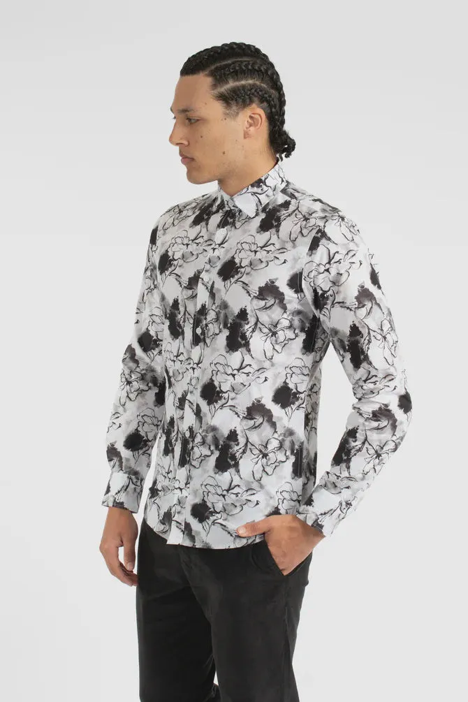 James Harper Ink Floral Cotton Poplin Shirt - Black