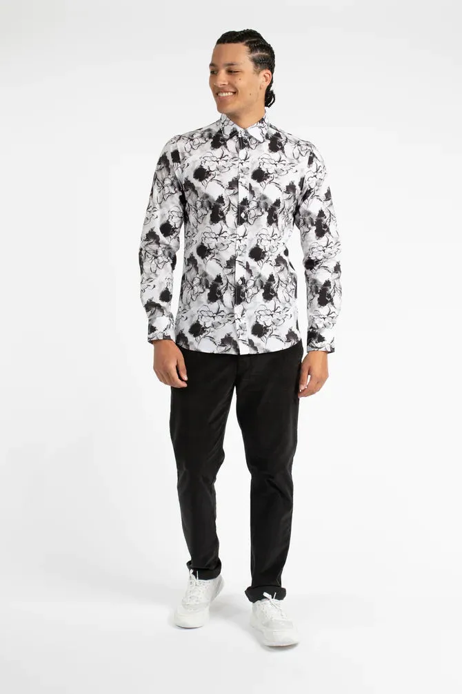 James Harper Ink Floral Cotton Poplin Shirt - Black
