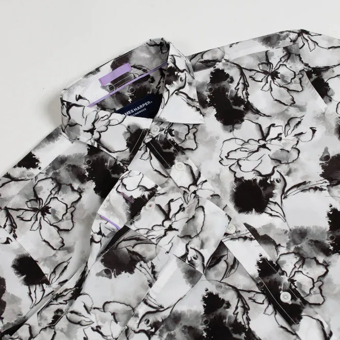 James Harper Ink Floral Cotton Poplin Shirt - Black