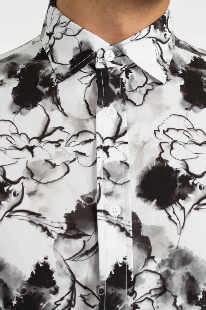 James Harper Ink Floral Cotton Poplin Shirt - Black
