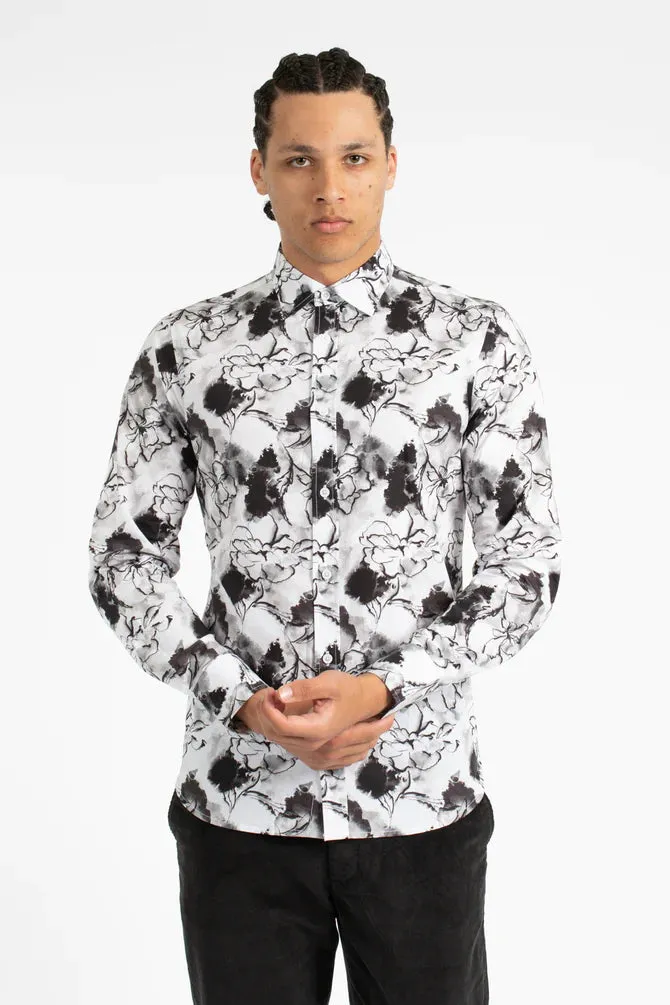 James Harper Ink Floral Cotton Poplin Shirt - Black