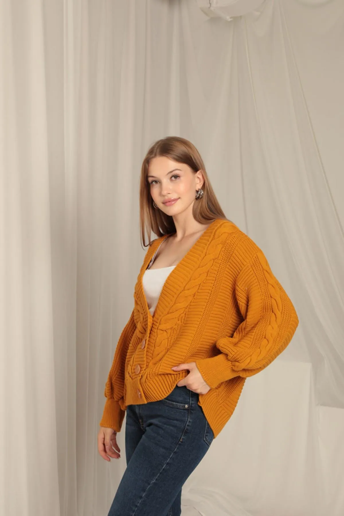 KKT Women's Mustard Cardigan with Knitwear Fabric Knit Detail - Terracina