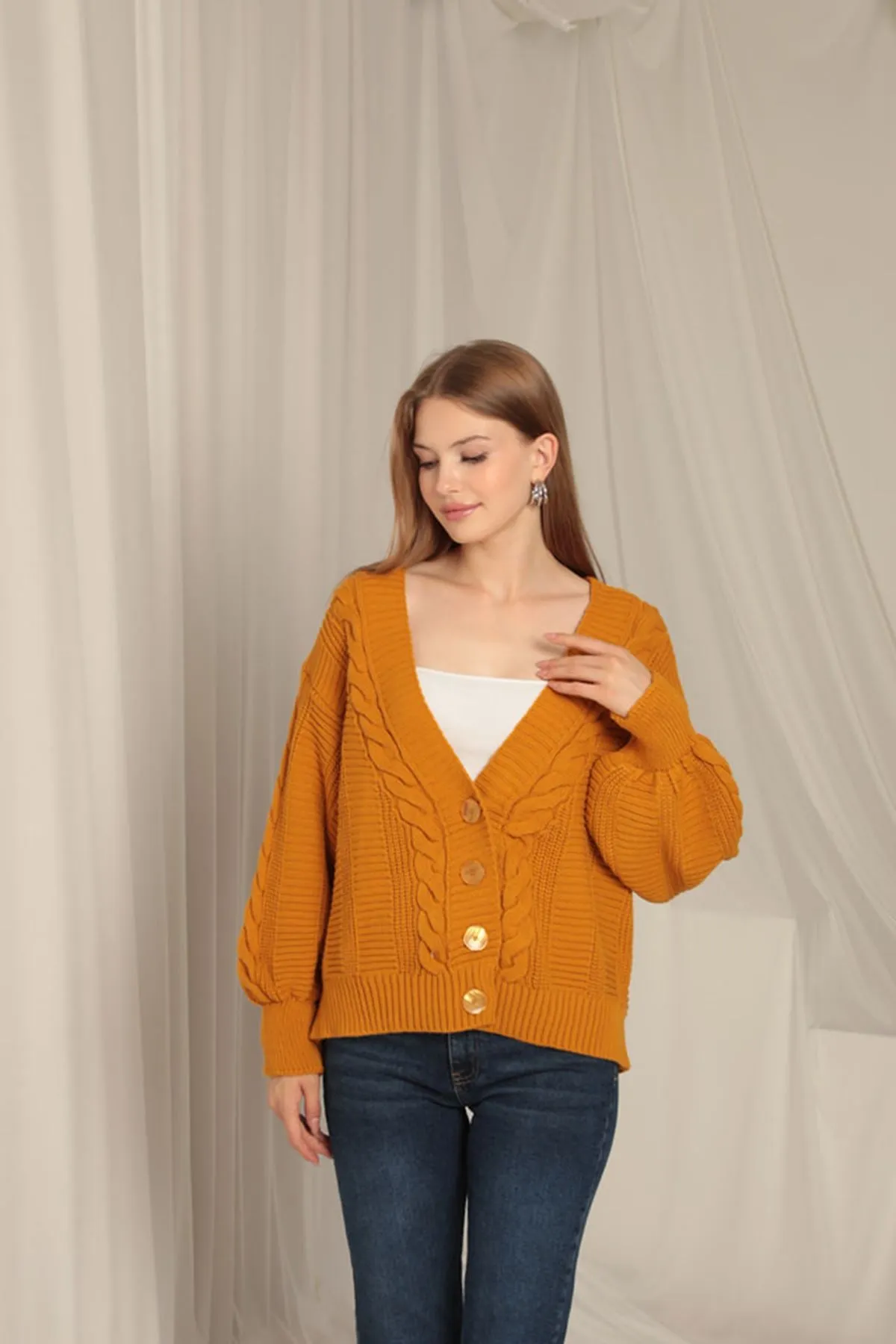 KKT Women's Mustard Cardigan with Knitwear Fabric Knit Detail - Terracina
