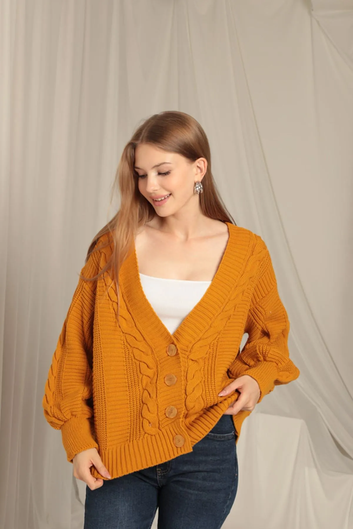 KKT Women's Mustard Cardigan with Knitwear Fabric Knit Detail - Terracina