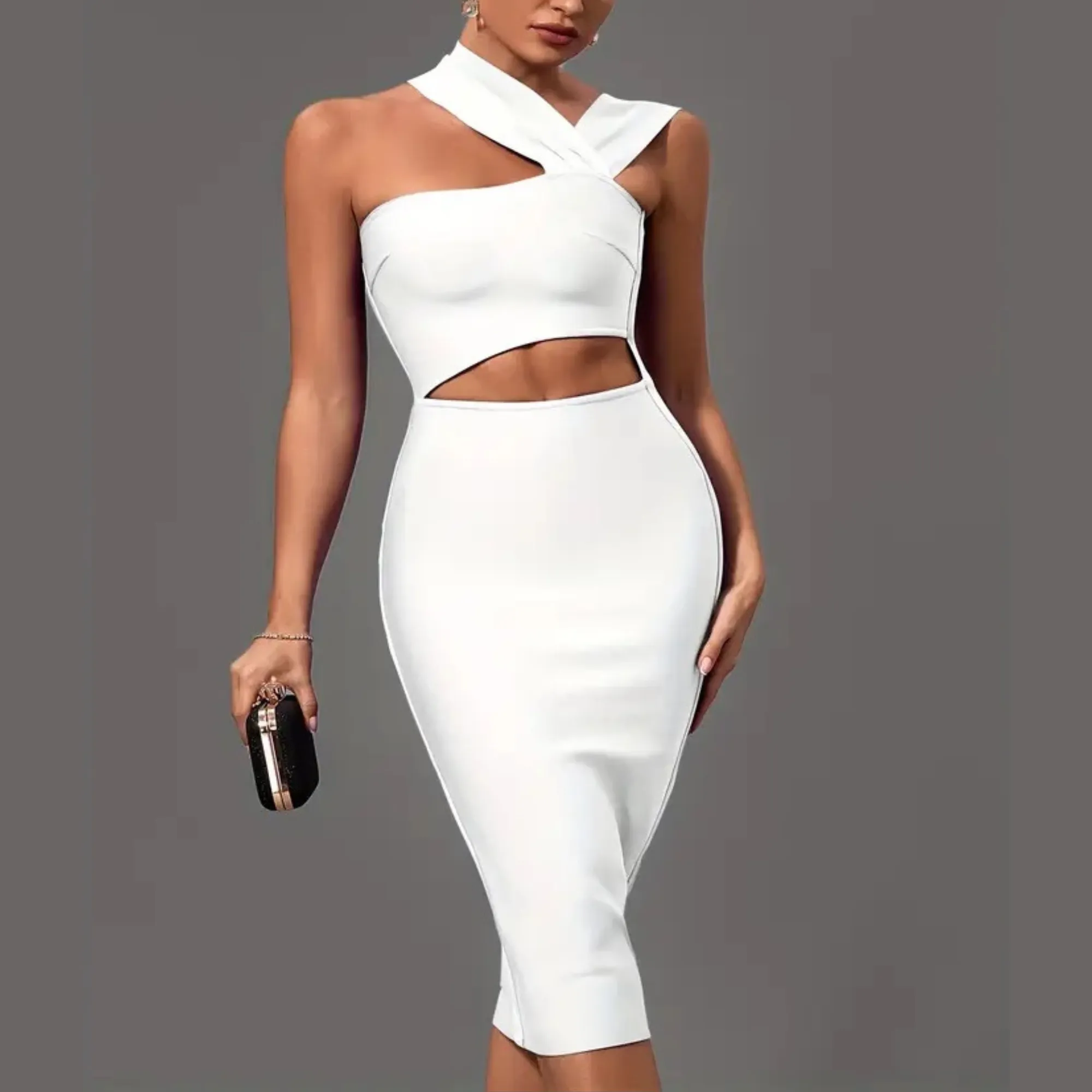 Lala - White Cut Out Midi Bandage Dress