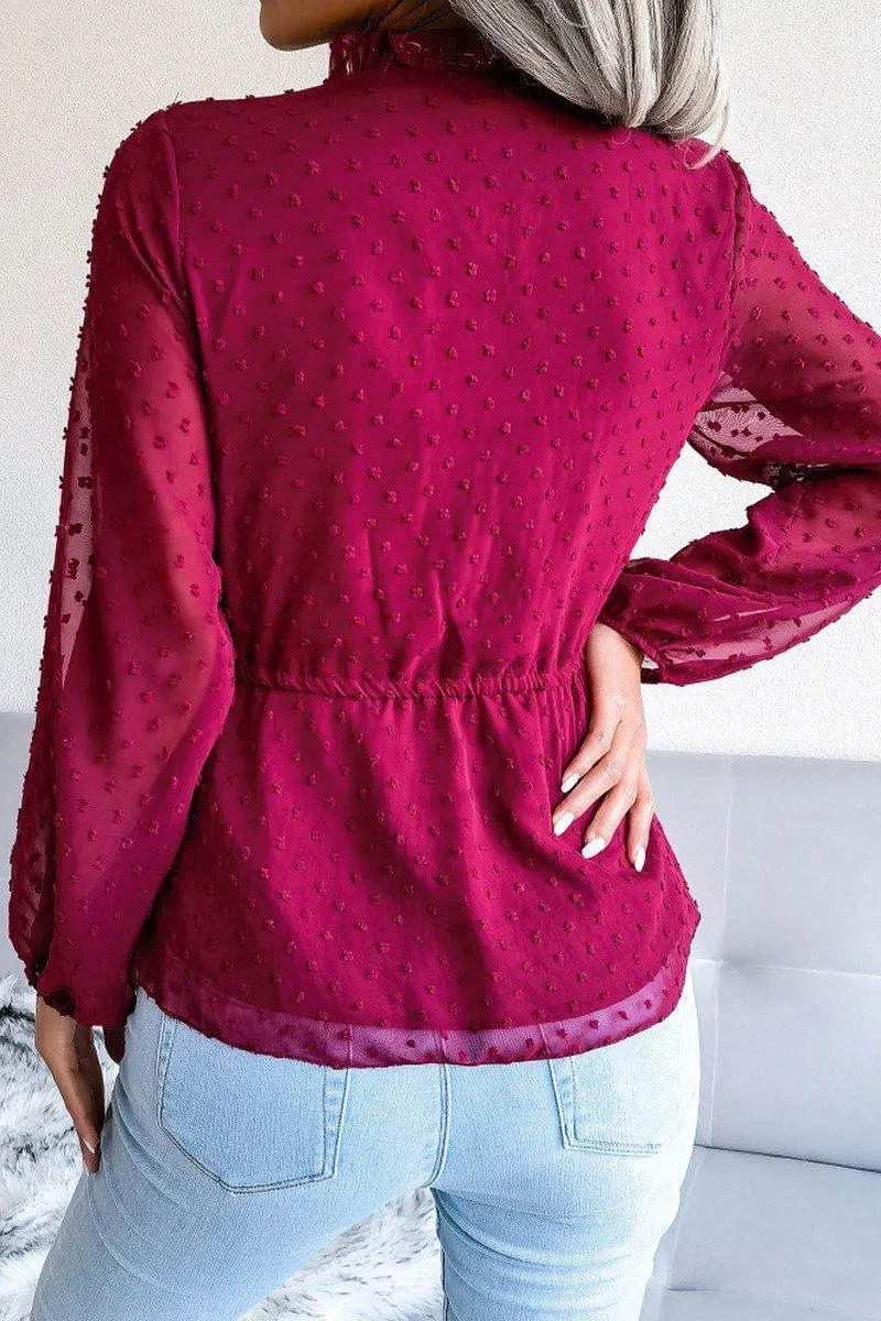 LANTERN SLEEVE RUFFLED SWISS DOT CHIFFON TUNIC