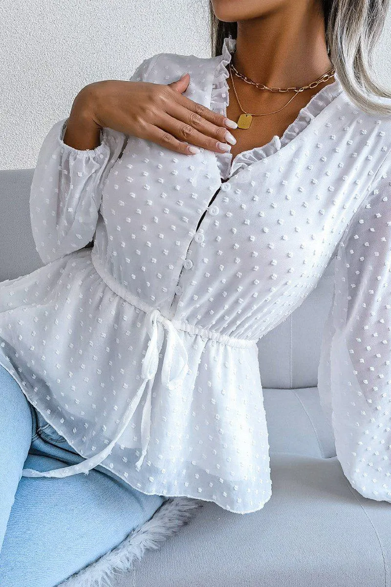 LANTERN SLEEVE RUFFLED SWISS DOT CHIFFON TUNIC