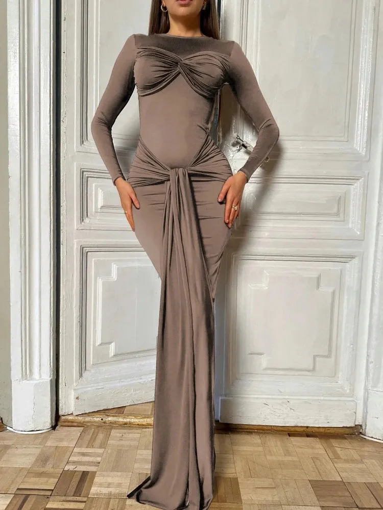 Long Sleeve Pleated Draped Maxi Dress