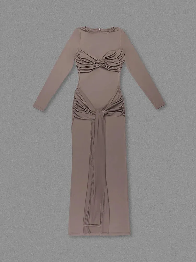 Long Sleeve Pleated Draped Maxi Dress