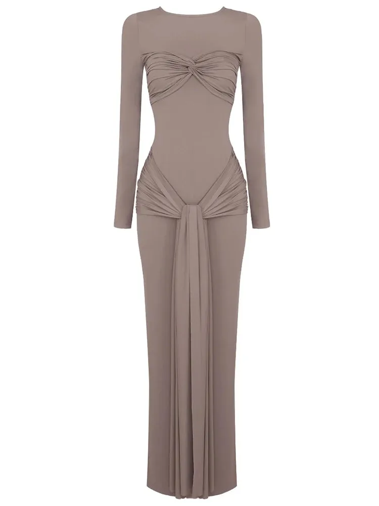 Long Sleeve Pleated Draped Maxi Dress
