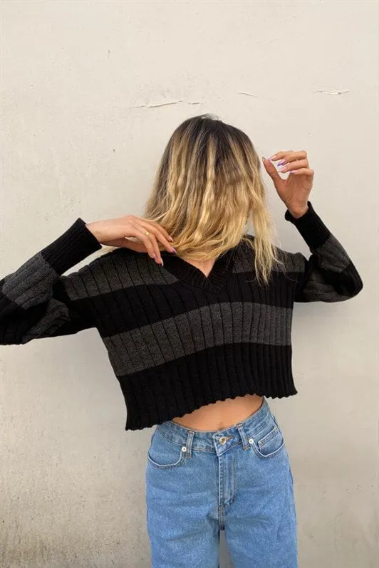 MDX Anthracite V-Neck Striped Crop Women's Sweater MG1441 - Racine