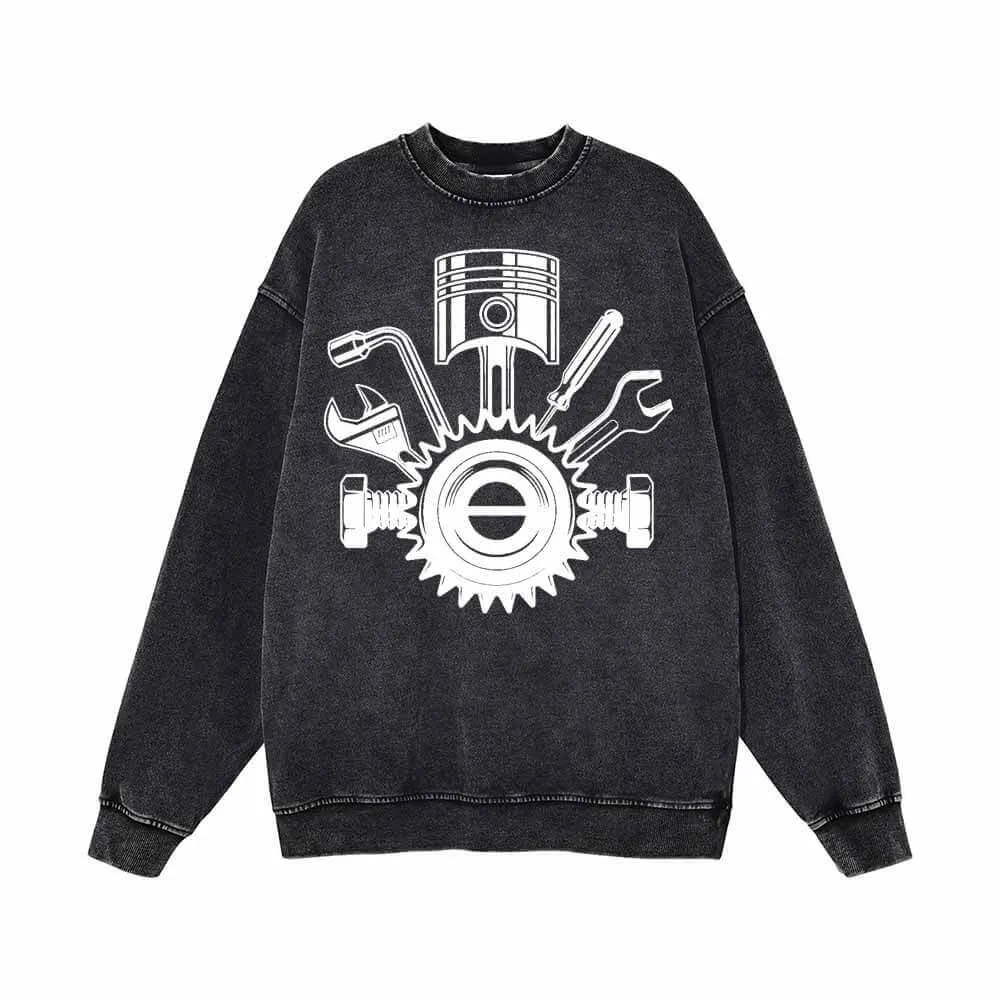 Mechanic Gear Wrenches Pattern Washed Sweatshirt