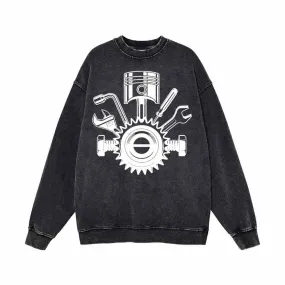 Mechanic Gear Wrenches Pattern Washed Sweatshirt