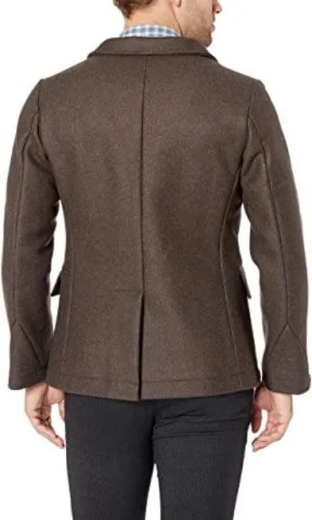 Men's Wool Double Breasted Bond Peacoat with Leather Details - Brown
