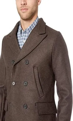 Men's Wool Double Breasted Bond Peacoat with Leather Details - Brown