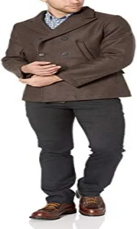 Men's Wool Double Breasted Bond Peacoat with Leather Details - Brown