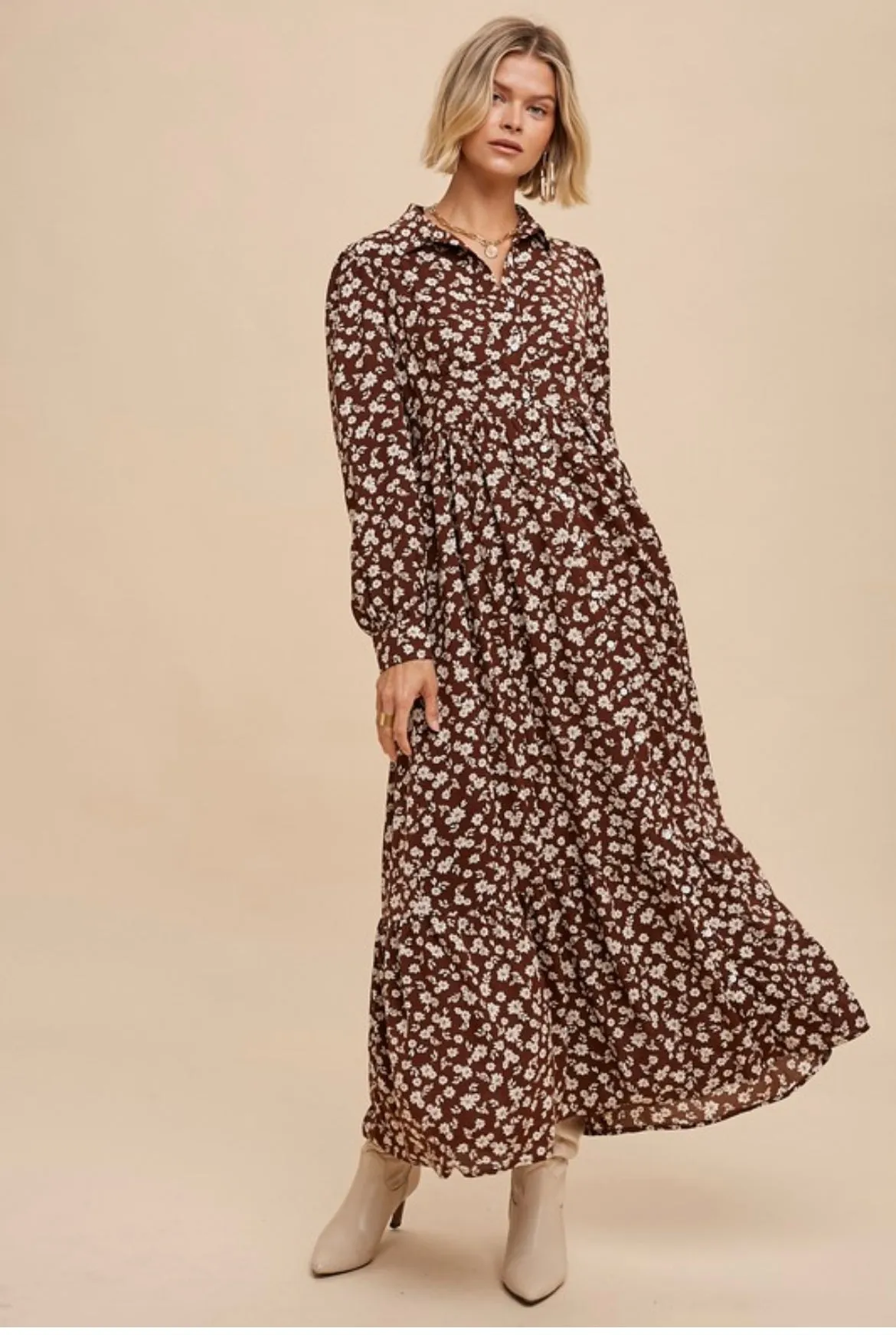 Mocha Floral Button Down Maxi Dress