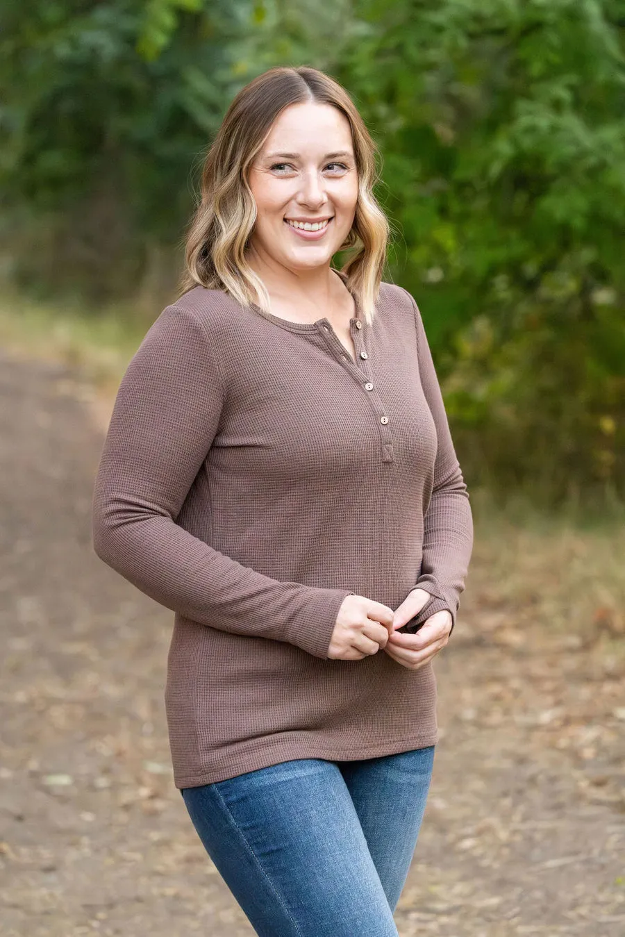 Mocha Henley Long Sleeve Shirt * on sale