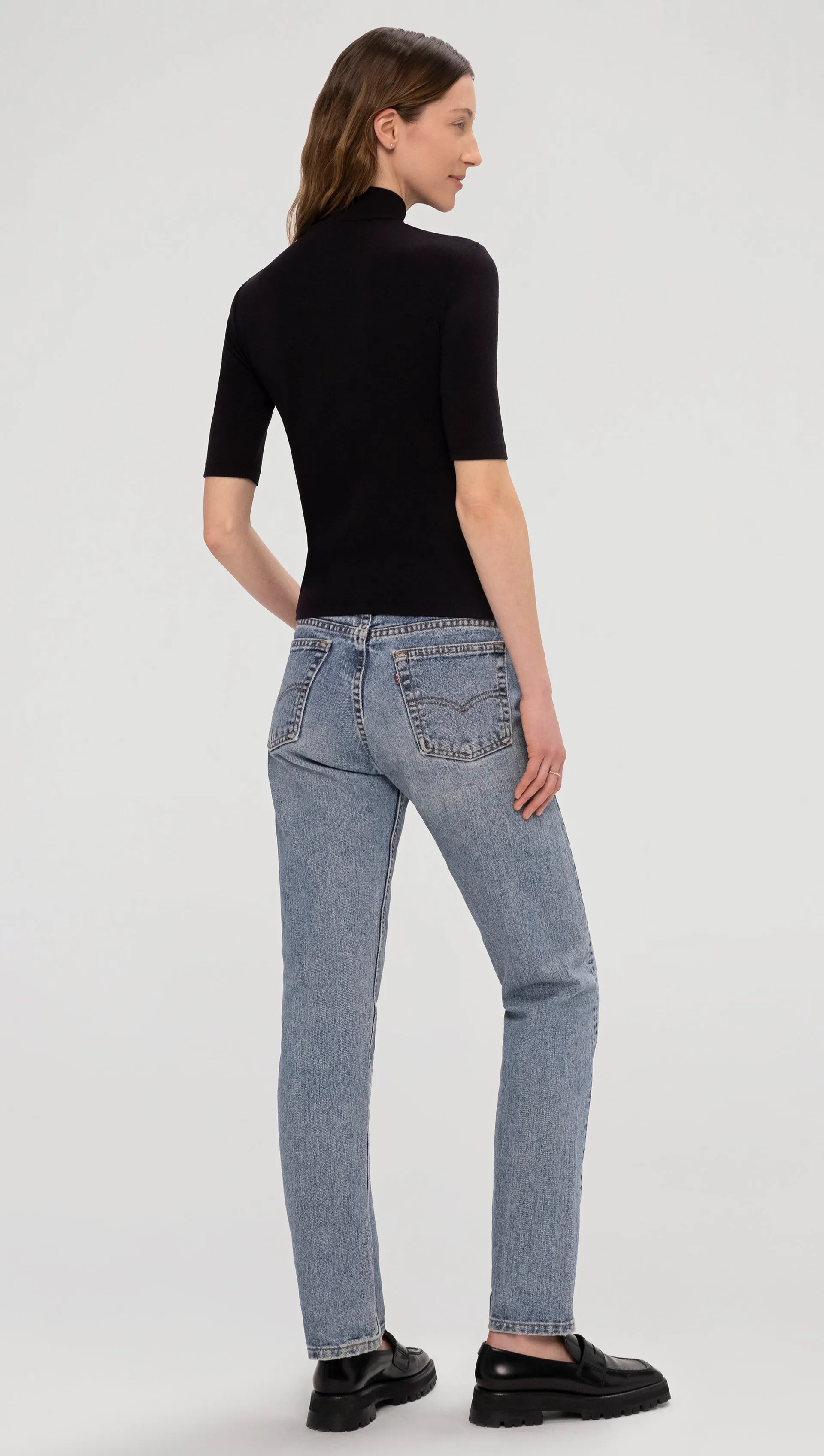 Mock Neck Tee in Ribbed Cotton | Black