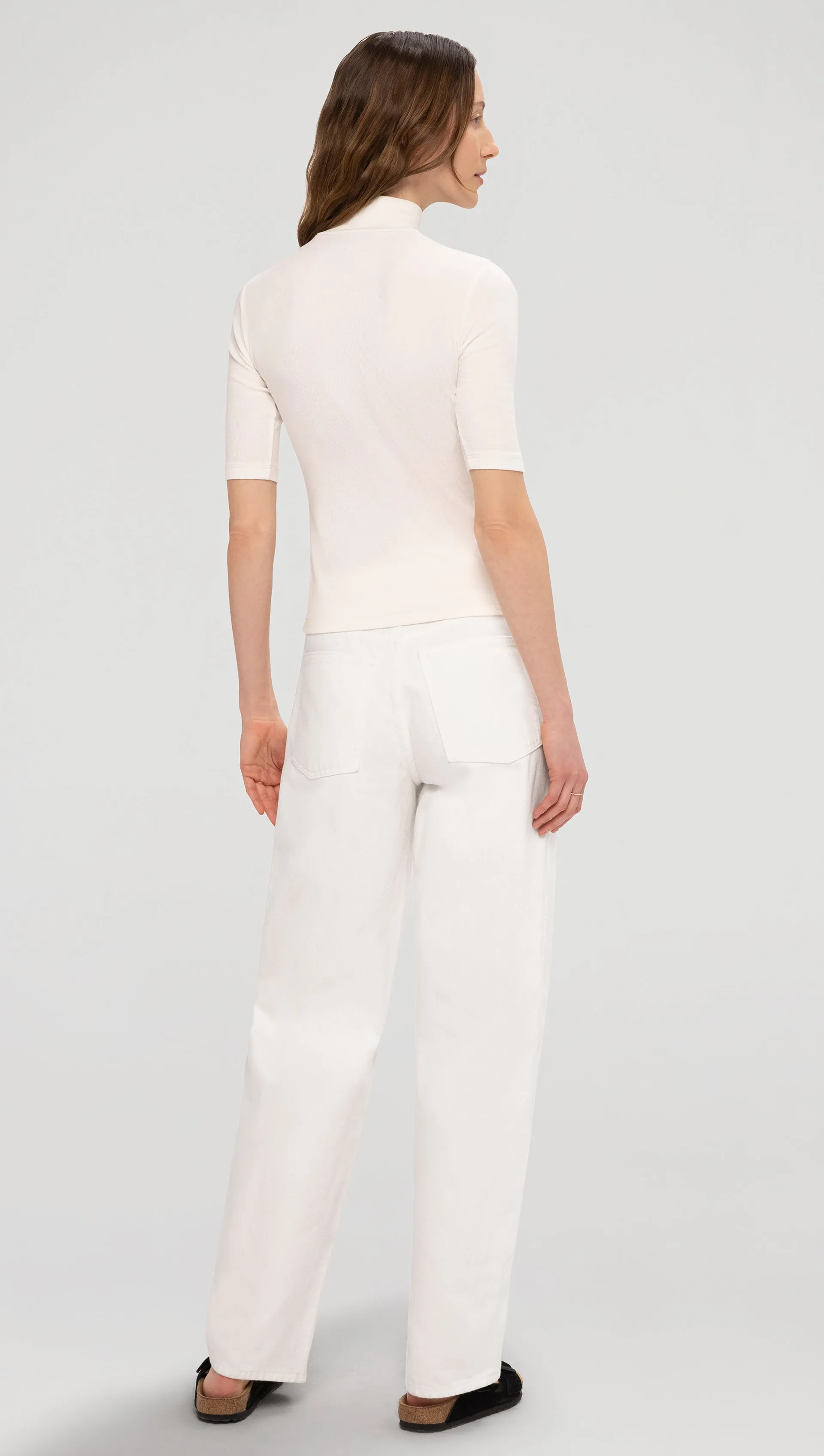 Mock Neck Tee in Ribbed Cotton | White