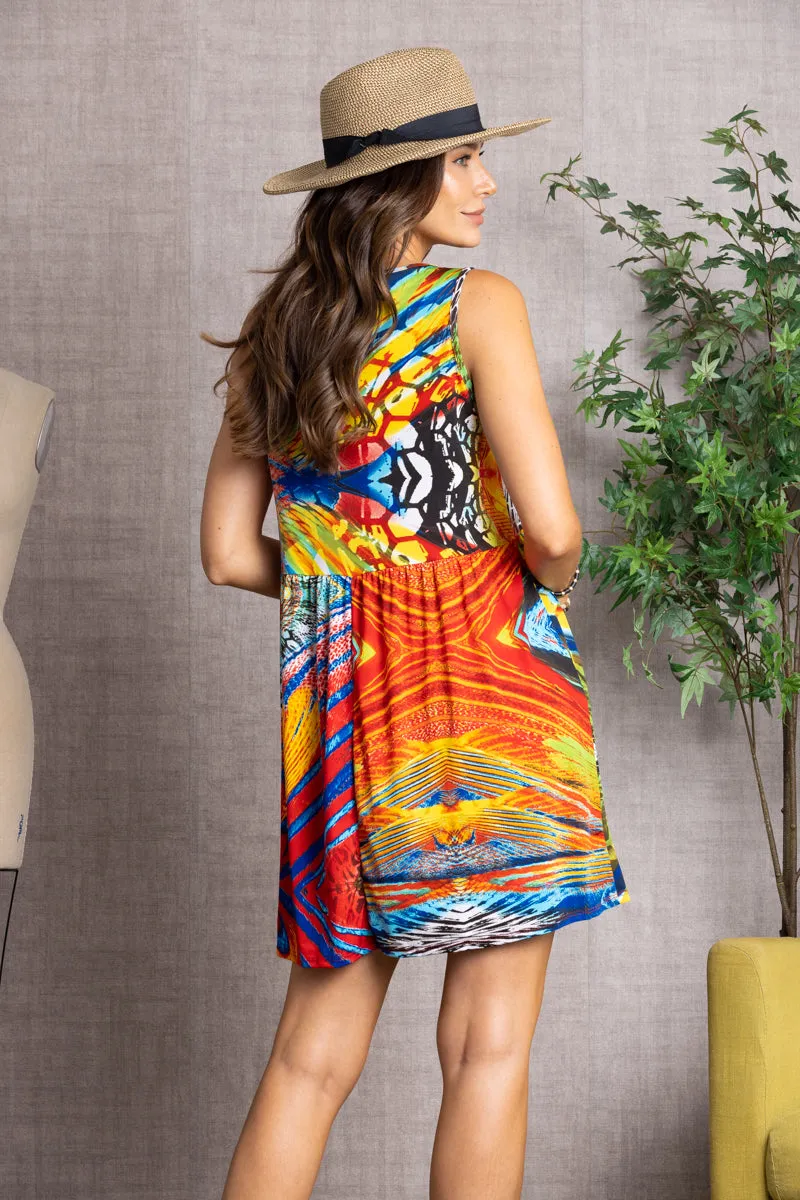 MULTICOLOR MARBLE PRINT BABYDOLL SLEEVELESS MINI DRESS D5110