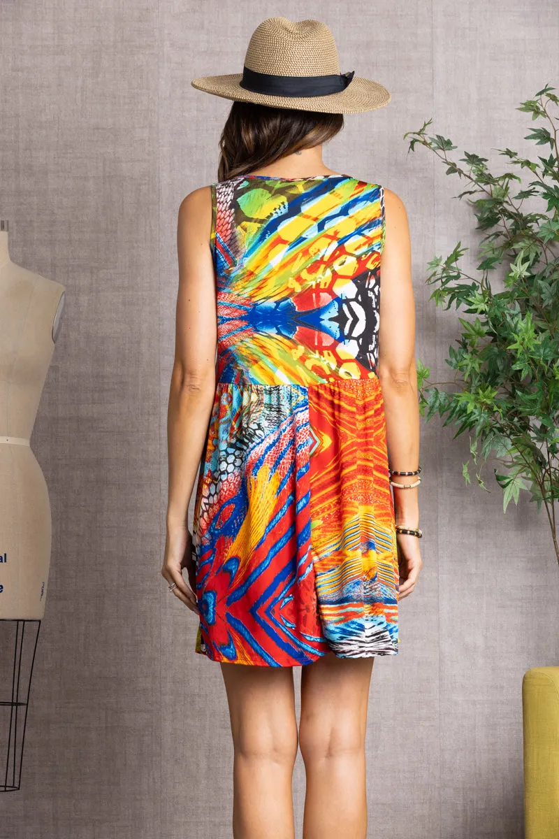 MULTICOLOR MARBLE PRINT BABYDOLL SLEEVELESS MINI DRESS D5110