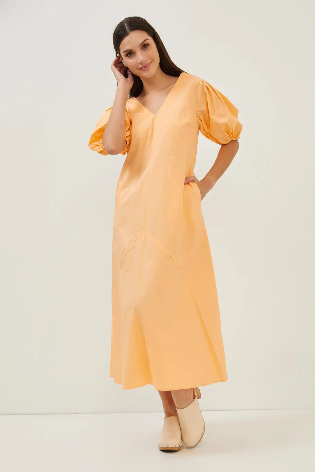 Orange Cotton Puff Sleeve Maxi Dress