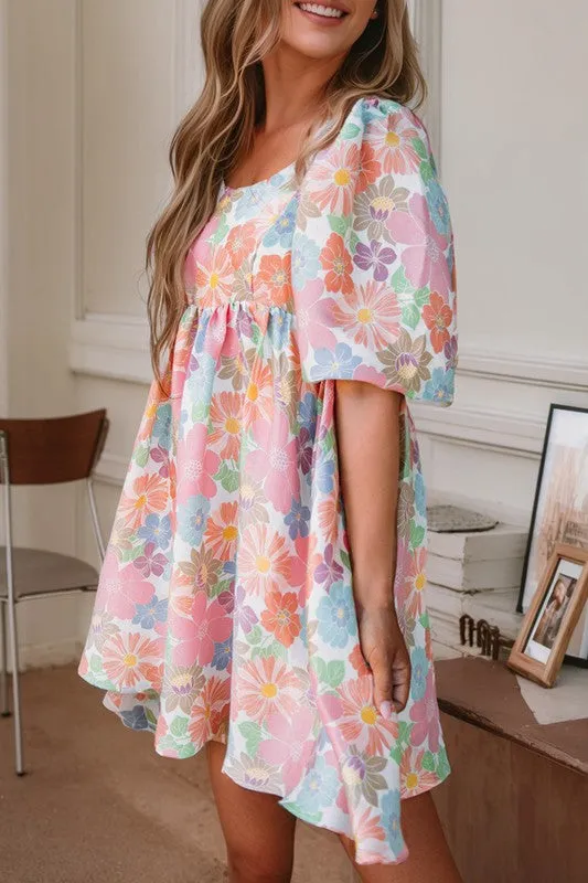Pink Floral Square Neck Puff Sleeve Babydoll Dress