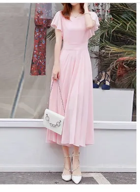 Pink Flutter Sleeve Long A-Line Maxi Dress