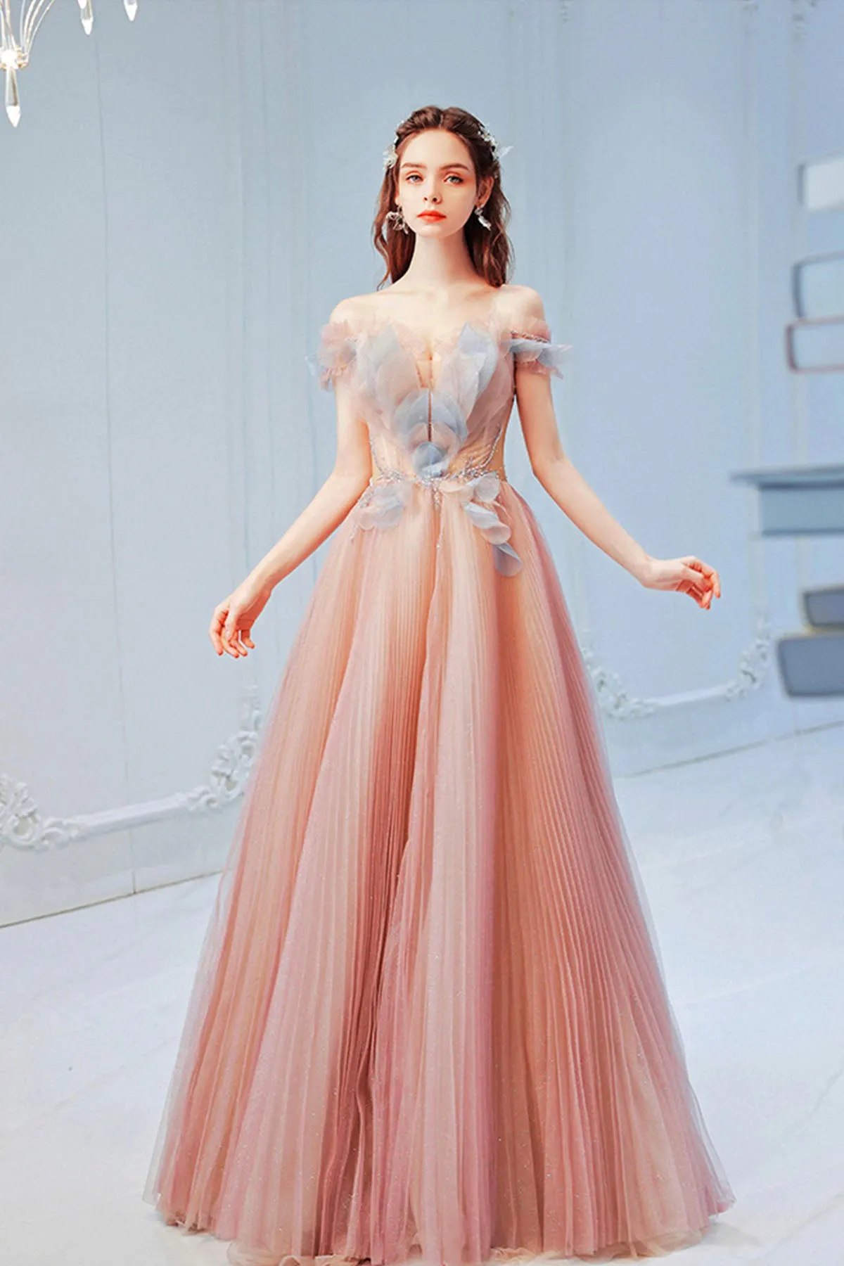 Pink Tulle Sequins Long Prom Dress, Beautiful Off the Shoulder Party Dress