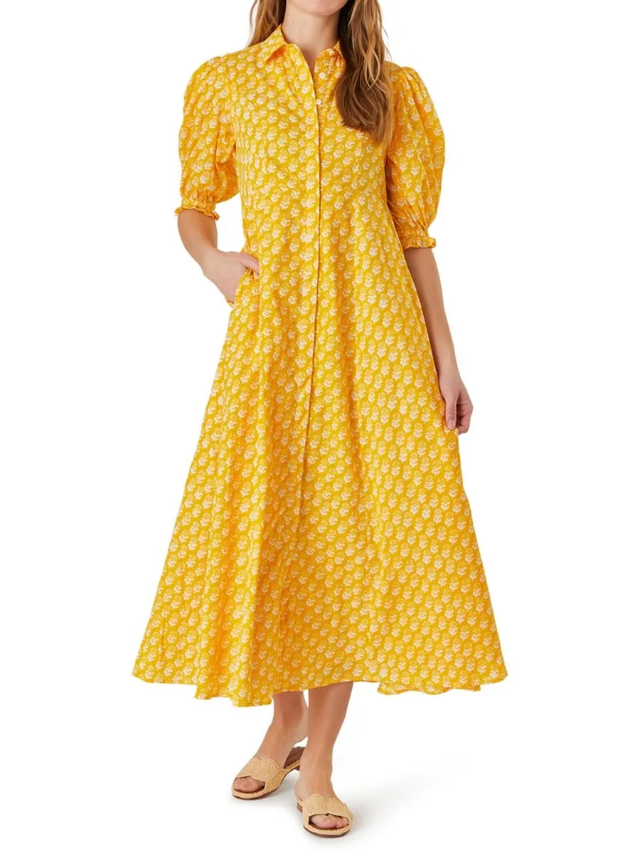 Puff Sleeve Printed Maxi Shirt Dress