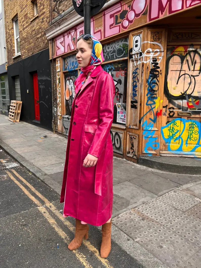 Rosy Pink Leather Long Trench Coat Women Outfit with Belt