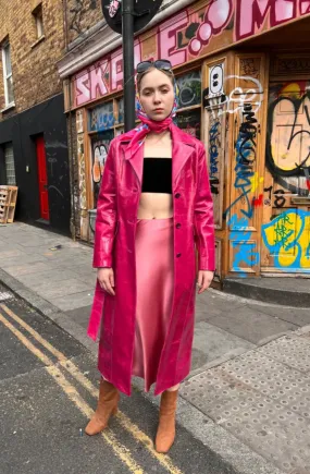 Rosy Pink Leather Long Trench Coat Women Outfit with Belt