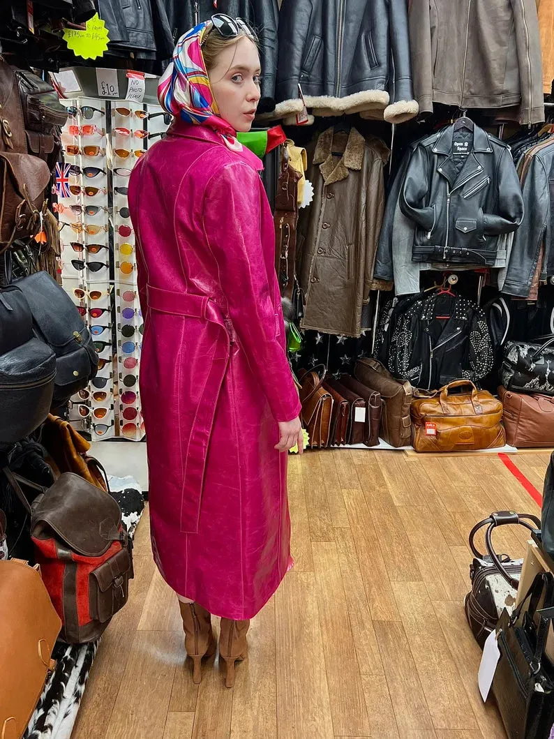 Rosy Pink Leather Long Trench Coat Women Outfit with Belt