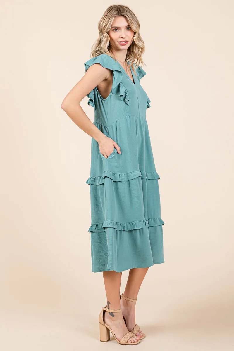 Ruffled Cap Sleeve Tiered V neck Midi dress