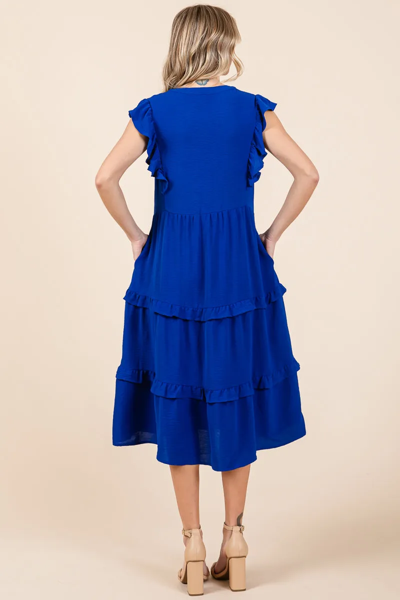 Ruffled Cap Sleeve Tiered V neck Midi dress