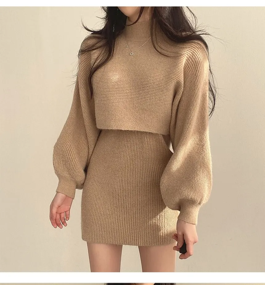 Set: Balloon Sleeve Mock Neck Plain Ribbed Sweater   Sleeveless Crew Neck Knit Mini A-Line Dress