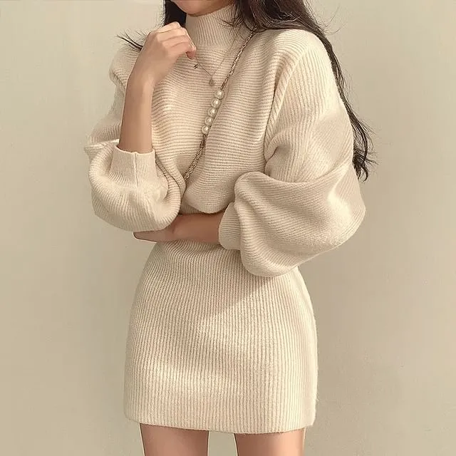 Set: Balloon Sleeve Mock Neck Plain Ribbed Sweater   Sleeveless Crew Neck Knit Mini A-Line Dress