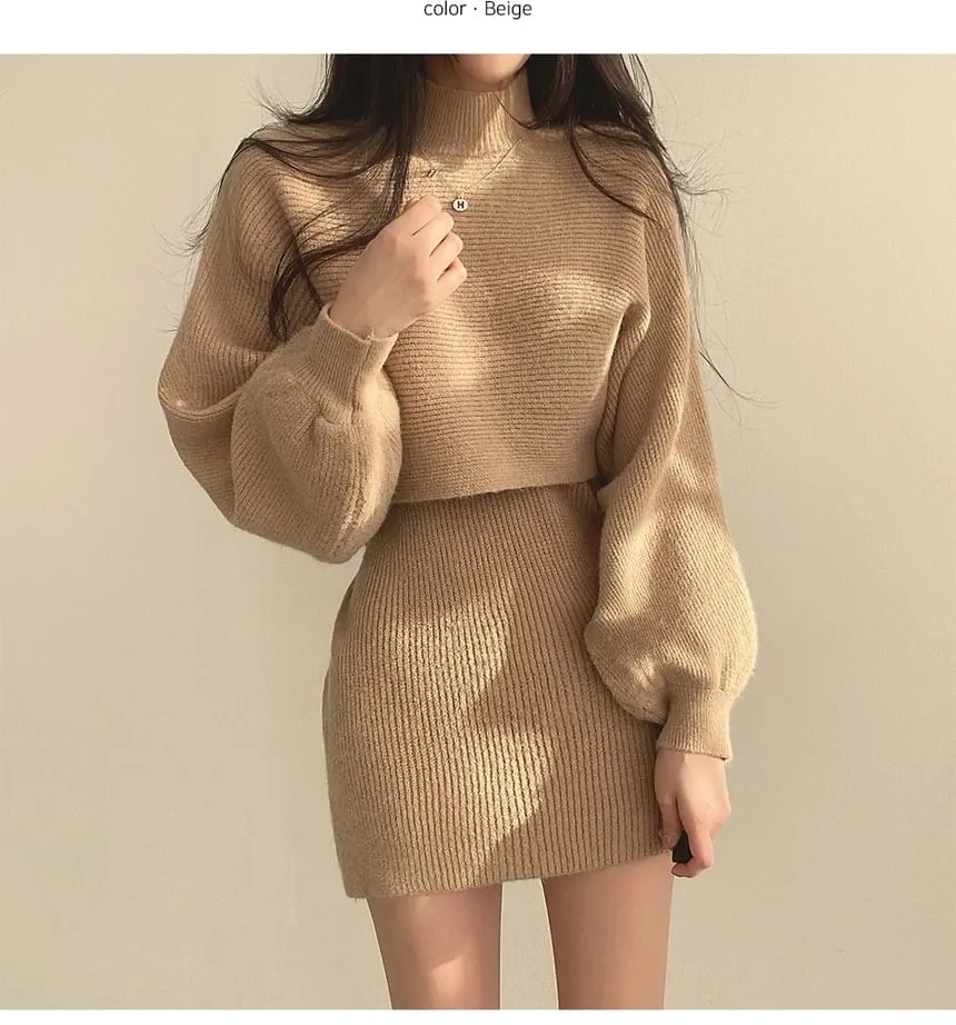 Set: Balloon Sleeve Mock Neck Plain Ribbed Sweater   Sleeveless Crew Neck Knit Mini A-Line Dress