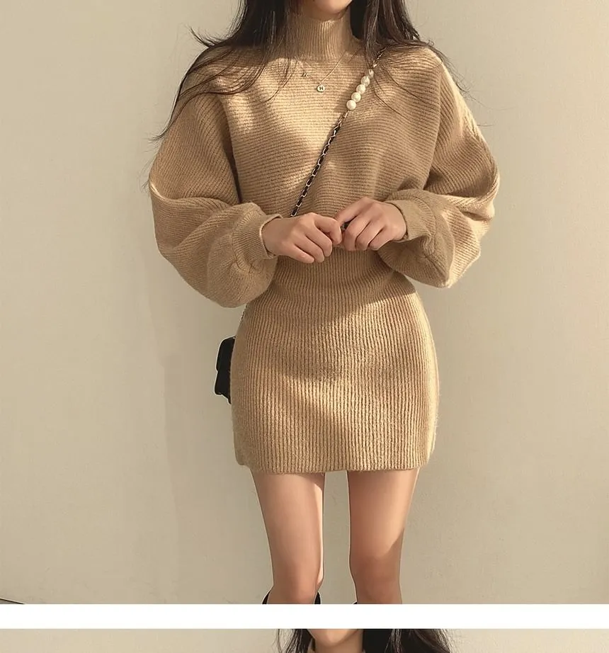 Set: Balloon Sleeve Mock Neck Plain Ribbed Sweater   Sleeveless Crew Neck Knit Mini A-Line Dress