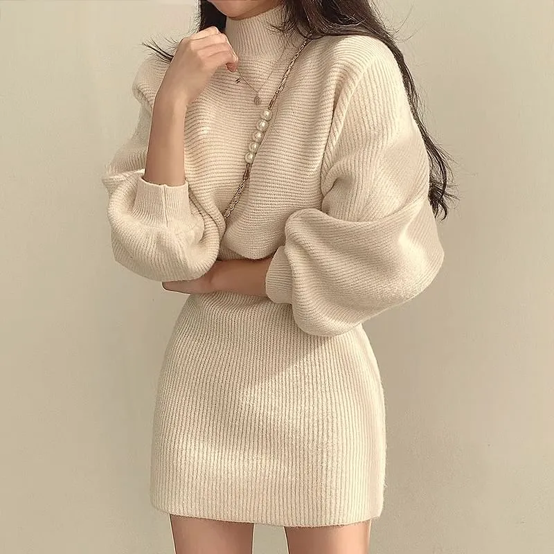 Set: Balloon Sleeve Mock Neck Plain Ribbed Sweater   Sleeveless Crew Neck Knit Mini A-Line Dress