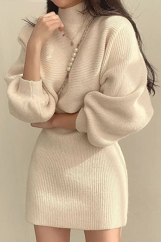 Set: Balloon Sleeve Mock Neck Plain Ribbed Sweater   Sleeveless Crew Neck Knit Mini A-Line Dress