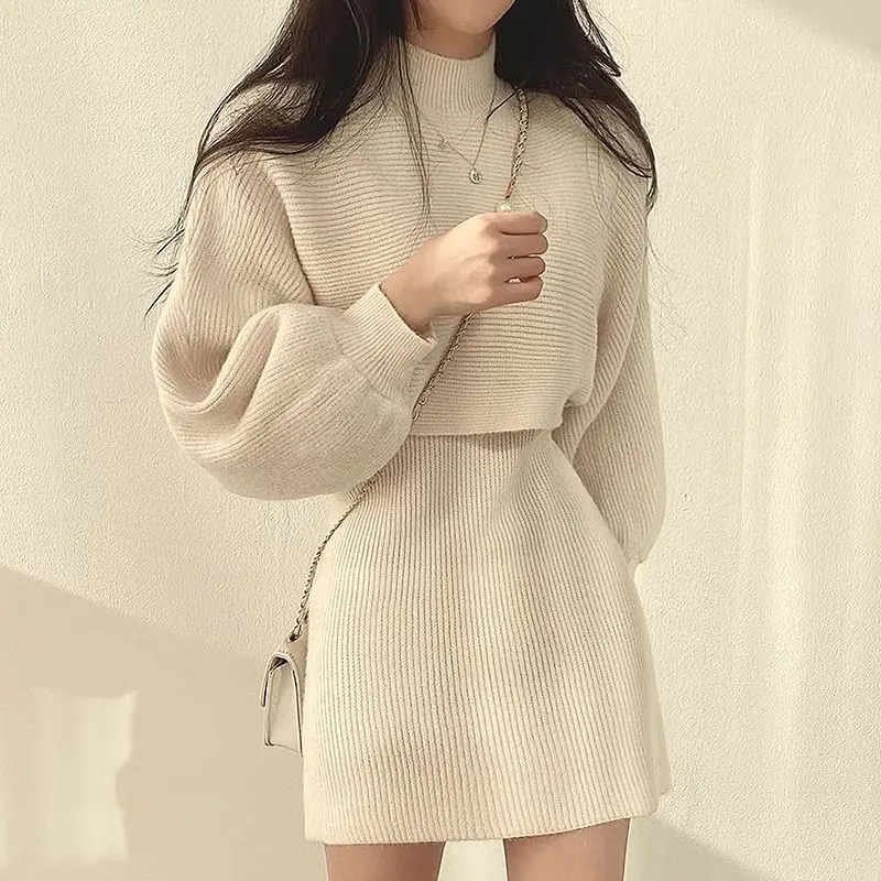Set: Balloon Sleeve Mock Neck Plain Ribbed Sweater   Sleeveless Crew Neck Knit Mini A-Line Dress