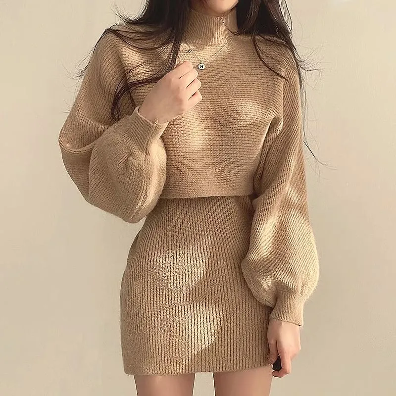 Set: Balloon Sleeve Mock Neck Plain Ribbed Sweater   Sleeveless Crew Neck Knit Mini A-Line Dress