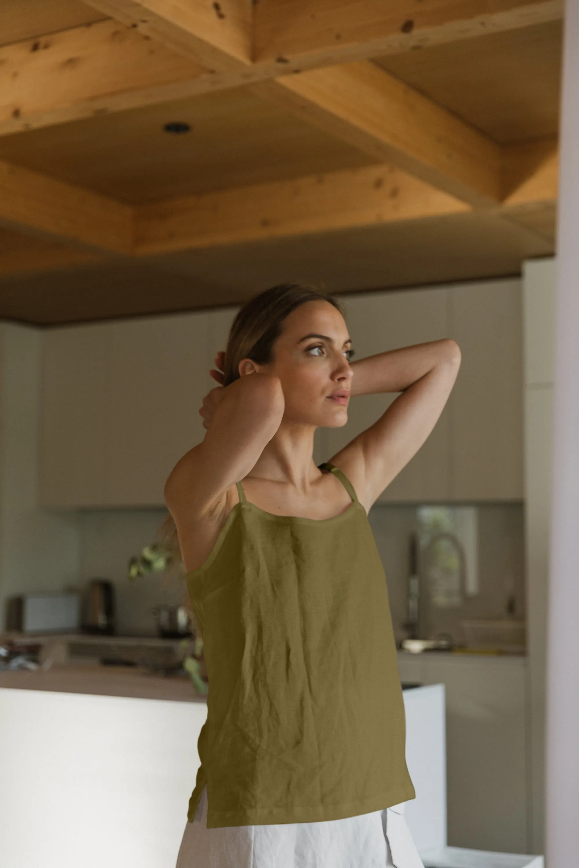 Short green olive linen nightie with straps - Mariane