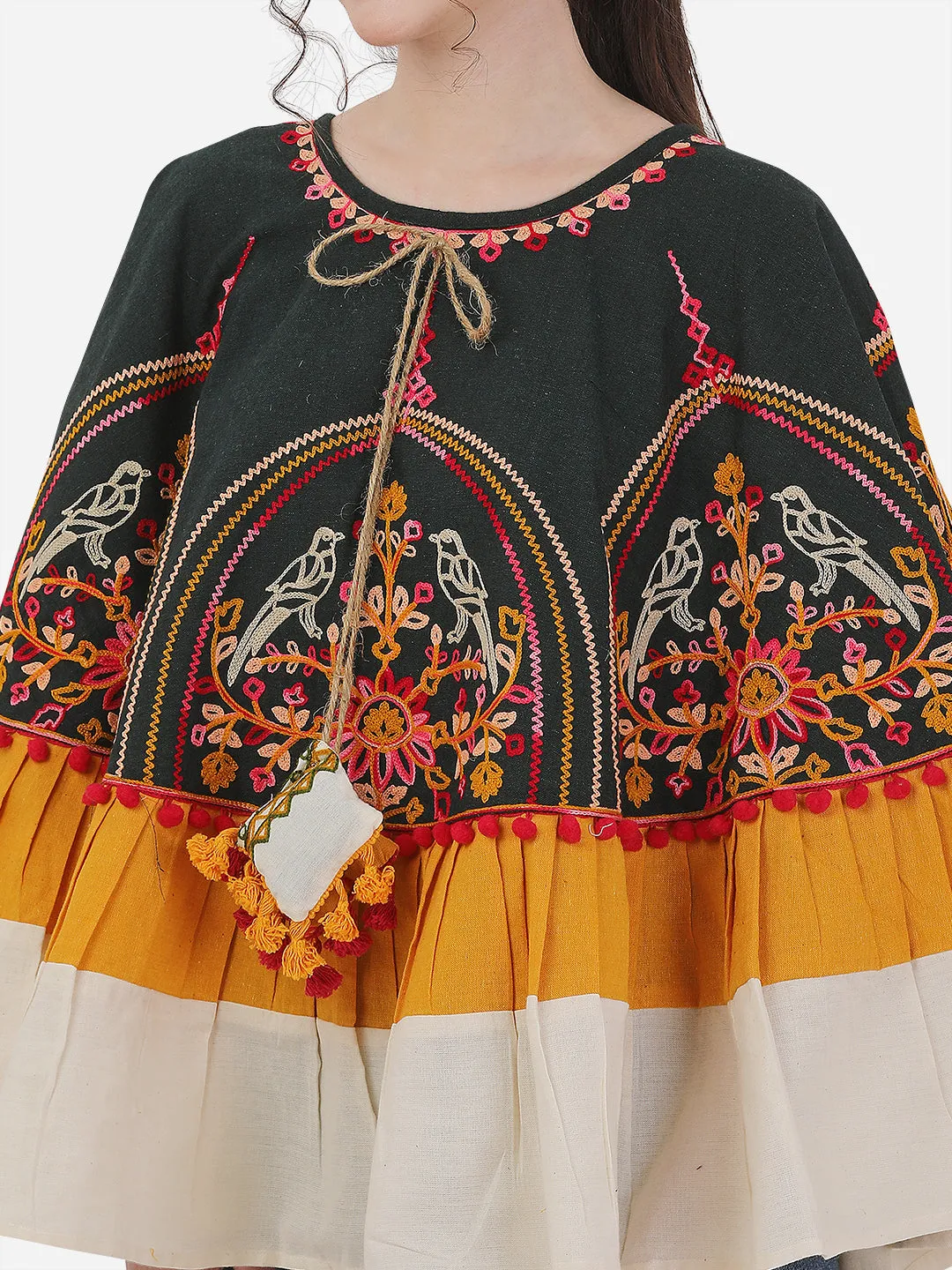 Sparrow Motif Embroidred Deep Green Circular women  Poncho