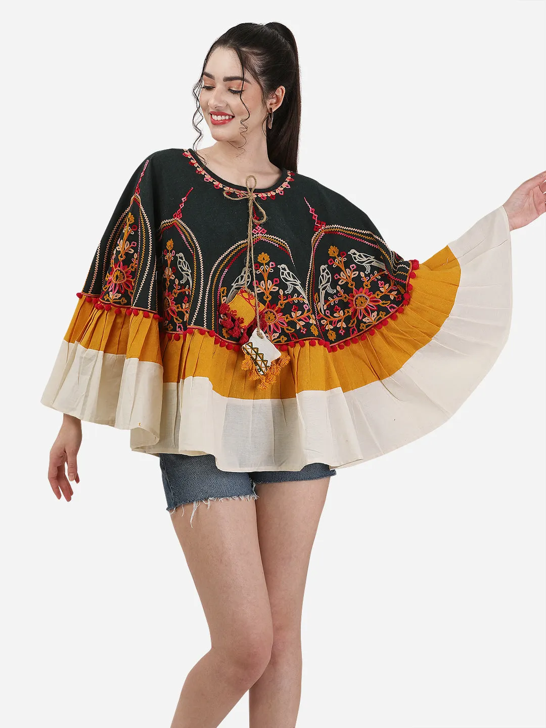 Sparrow Motif Embroidred Deep Green Circular women  Poncho